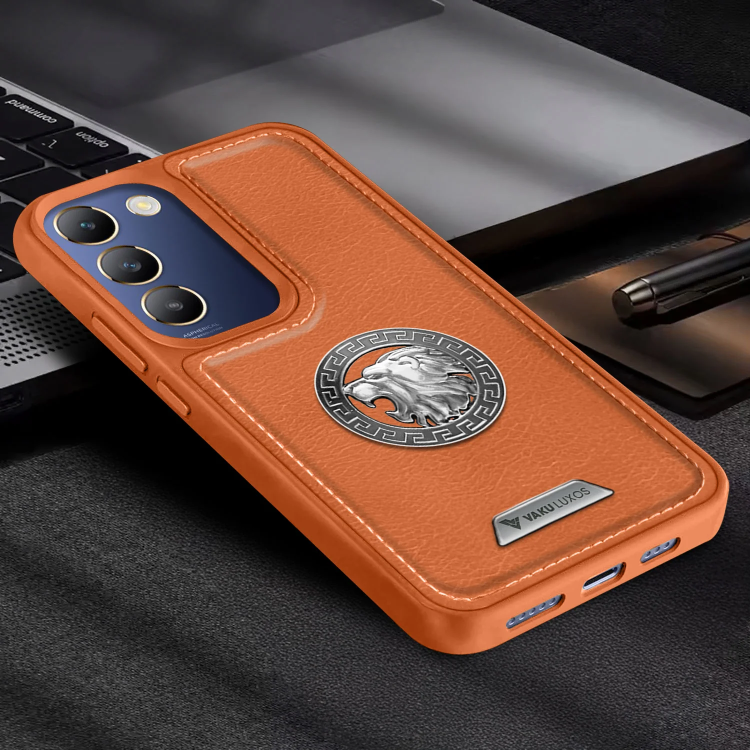 Vaku ® Vivo T3 5G Regal Shield Metal Lion Engraved Leather Back Cover - Image 5