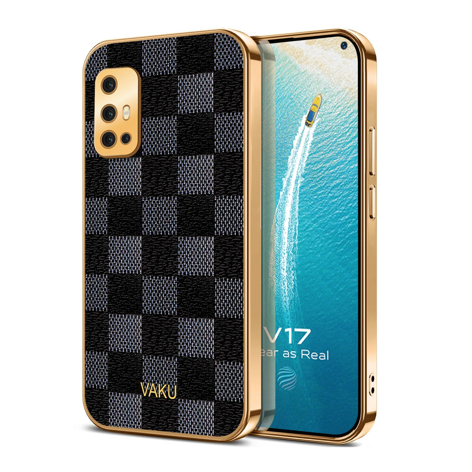 Vaku® Vivo V17 Cheron Series Leather Stitched Gold Electroplated Soft TPU Back Cover - Image 2