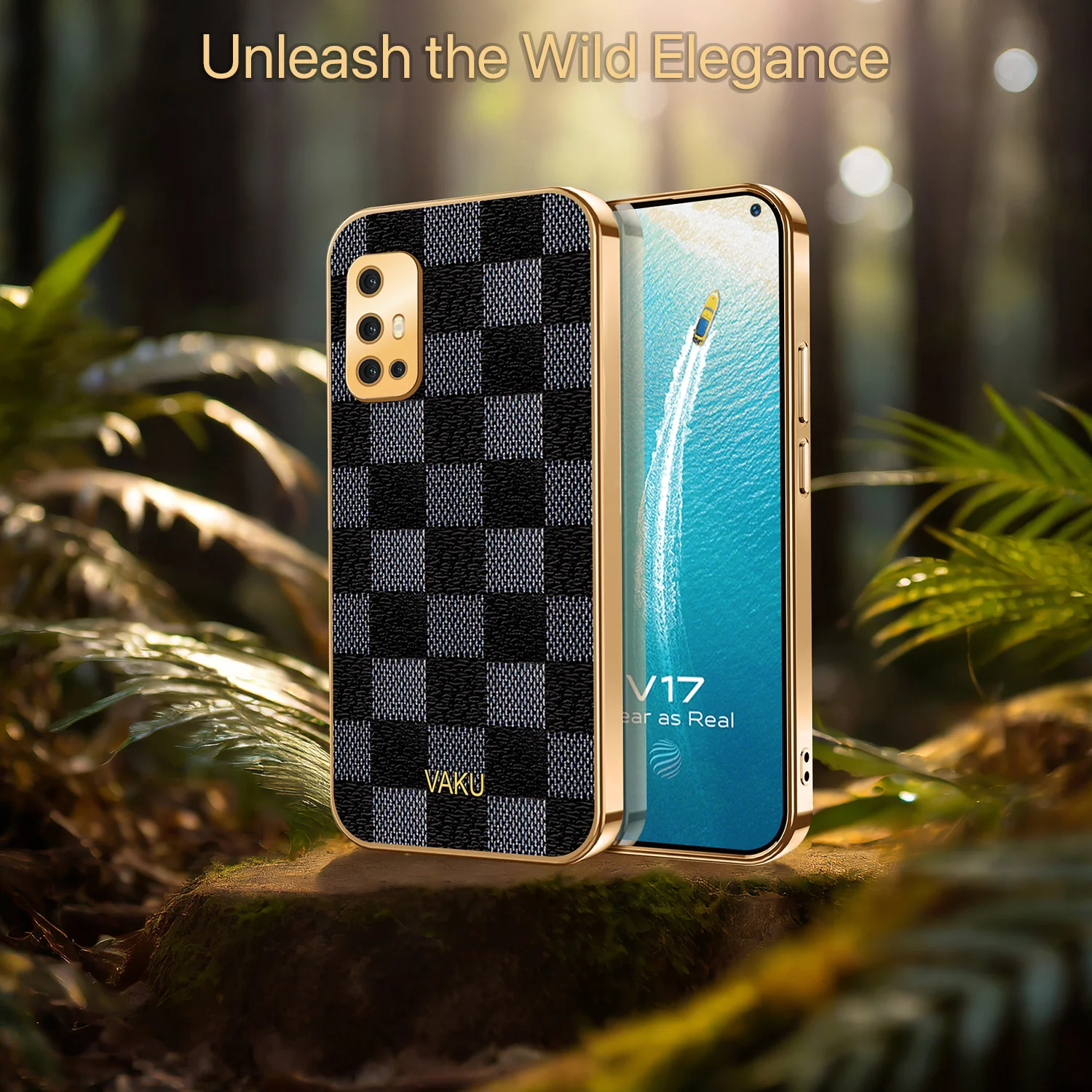 Vaku® Vivo V17 Cheron Series Leather Stitched Gold Electroplated Soft TPU Back Cover - Image 6