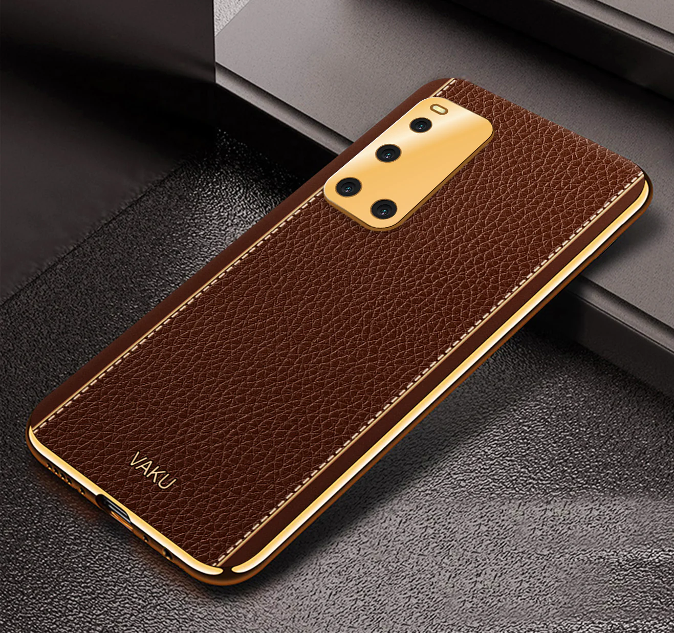 Vaku® Vivo V19 Luxemberg Series Leather Stitched Gold Electroplated Soft TPU Back Cover