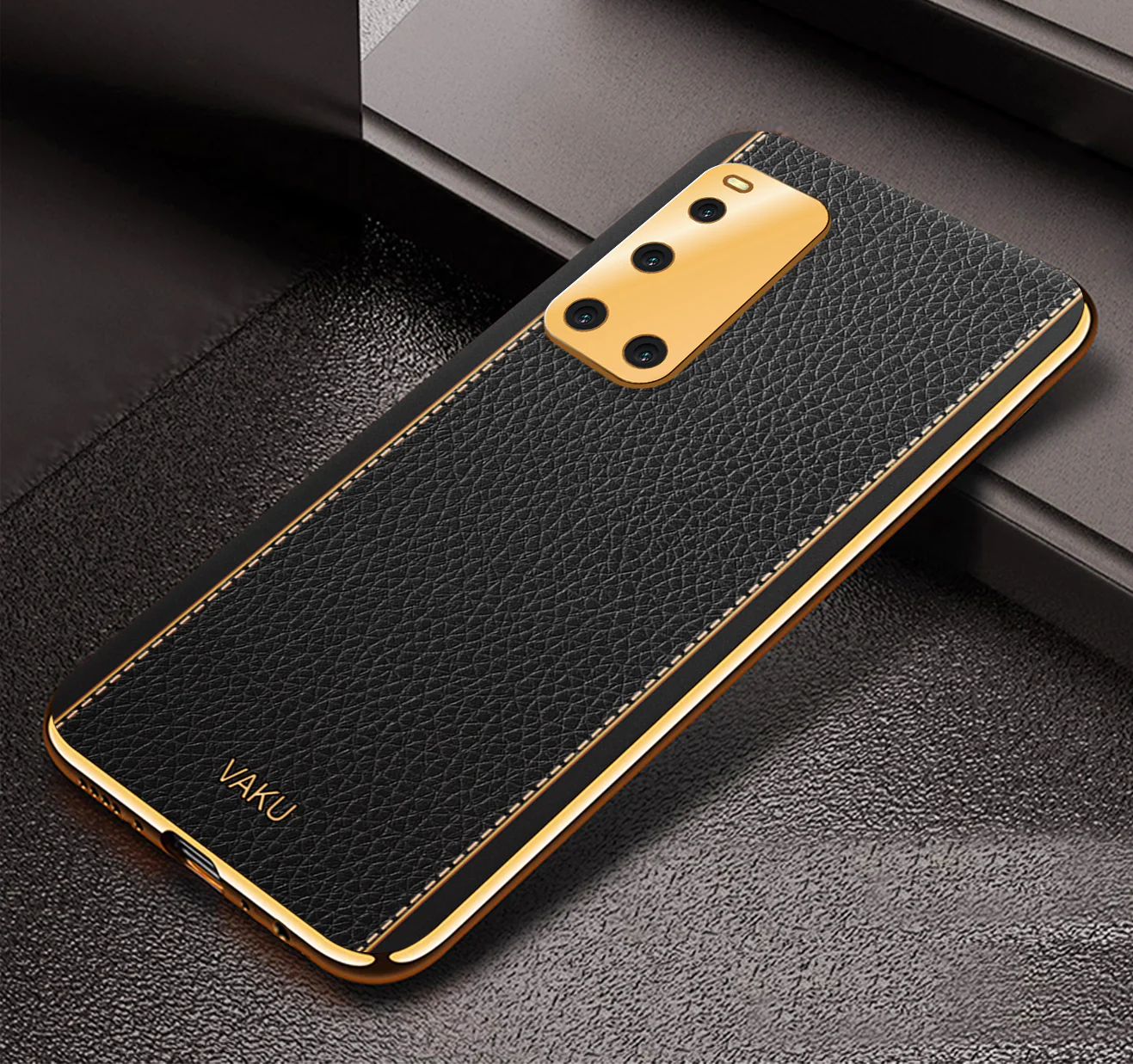 Vaku® Vivo V19 Luxemberg Series Leather Stitched Gold Electroplated Soft TPU Back Cover - Image 10