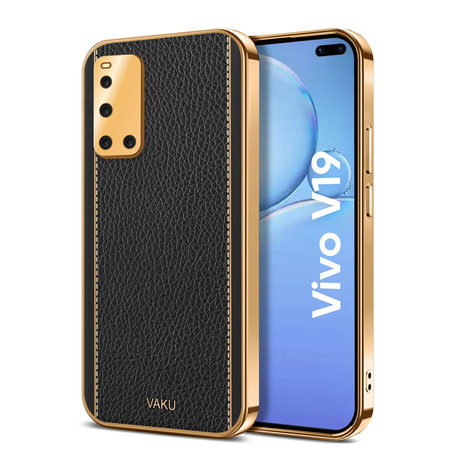 Vaku® Vivo V19 Luxemberg Series Leather Stitched Gold Electroplated Soft TPU Back Cover - Image 11
