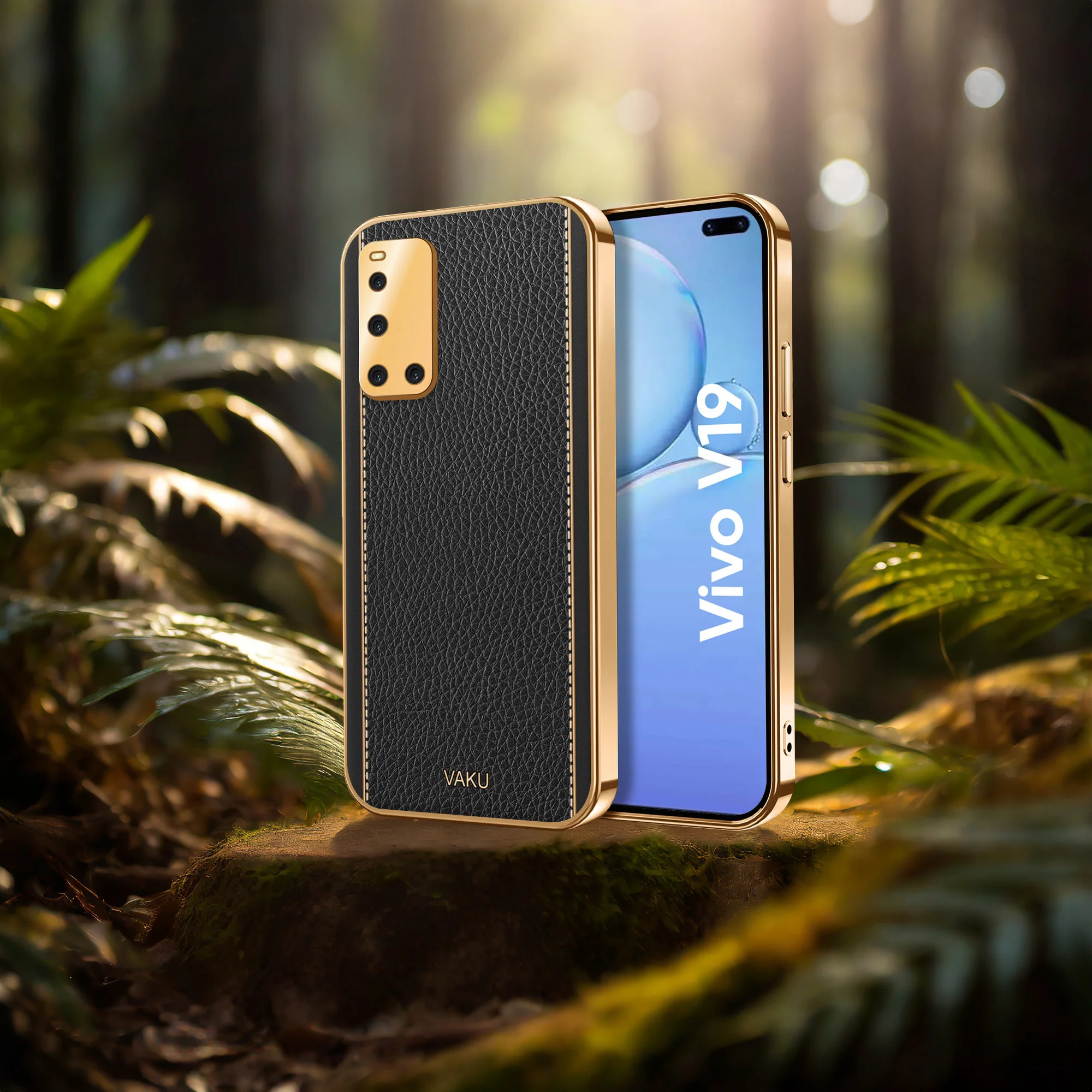 Vaku® Vivo V19 Luxemberg Series Leather Stitched Gold Electroplated Soft TPU Back Cover - Image 12