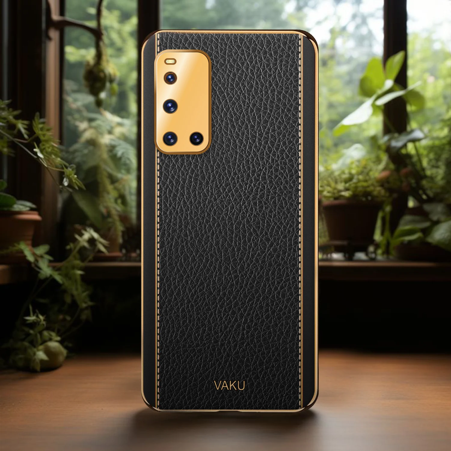Vaku® Vivo V19 Luxemberg Series Leather Stitched Gold Electroplated Soft TPU Back Cover - Image 13