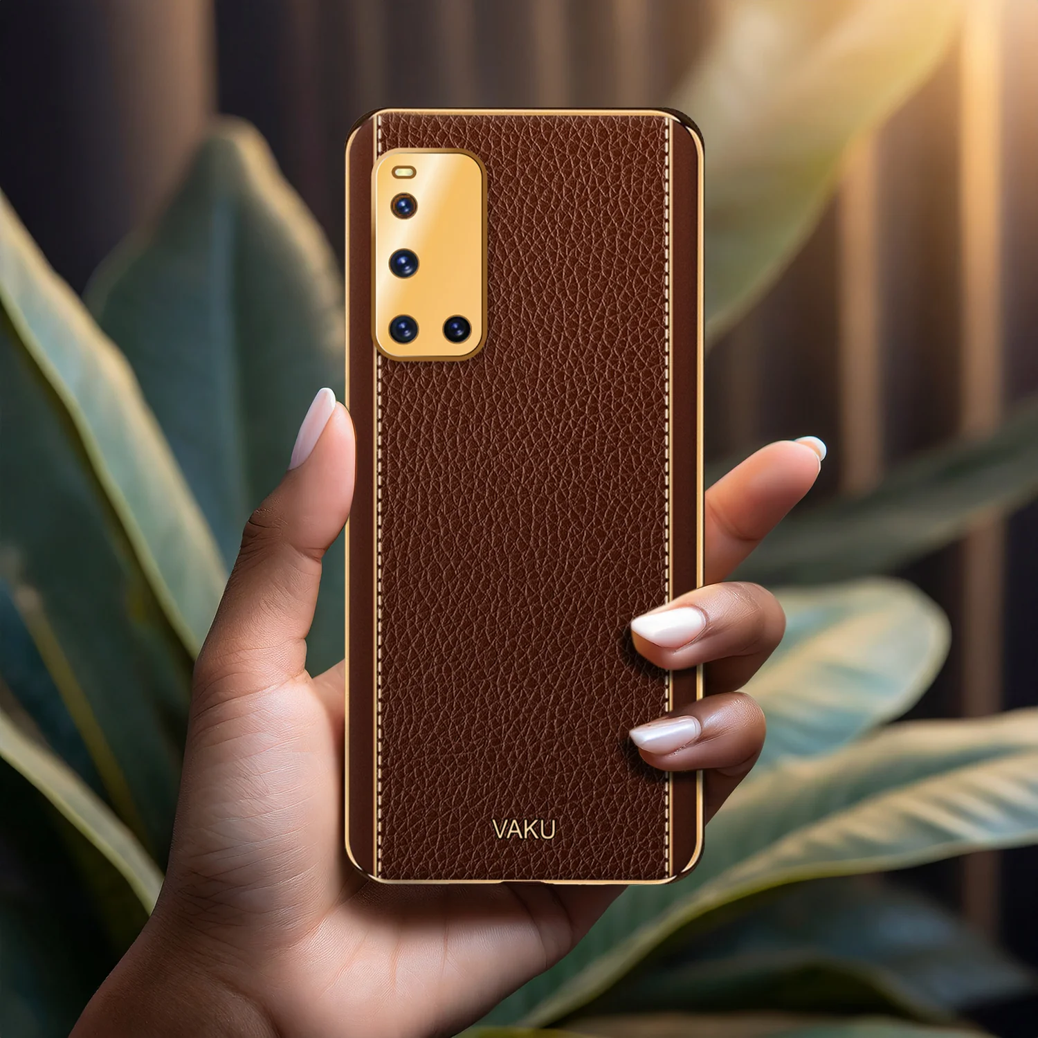 Vaku® Vivo V19 Luxemberg Series Leather Stitched Gold Electroplated Soft TPU Back Cover - Image 14