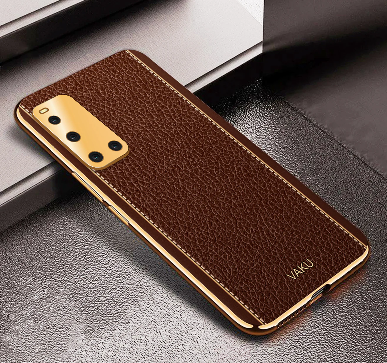 Vaku® Vivo V19 Luxemberg Series Leather Stitched Gold Electroplated Soft TPU Back Cover - Image 4