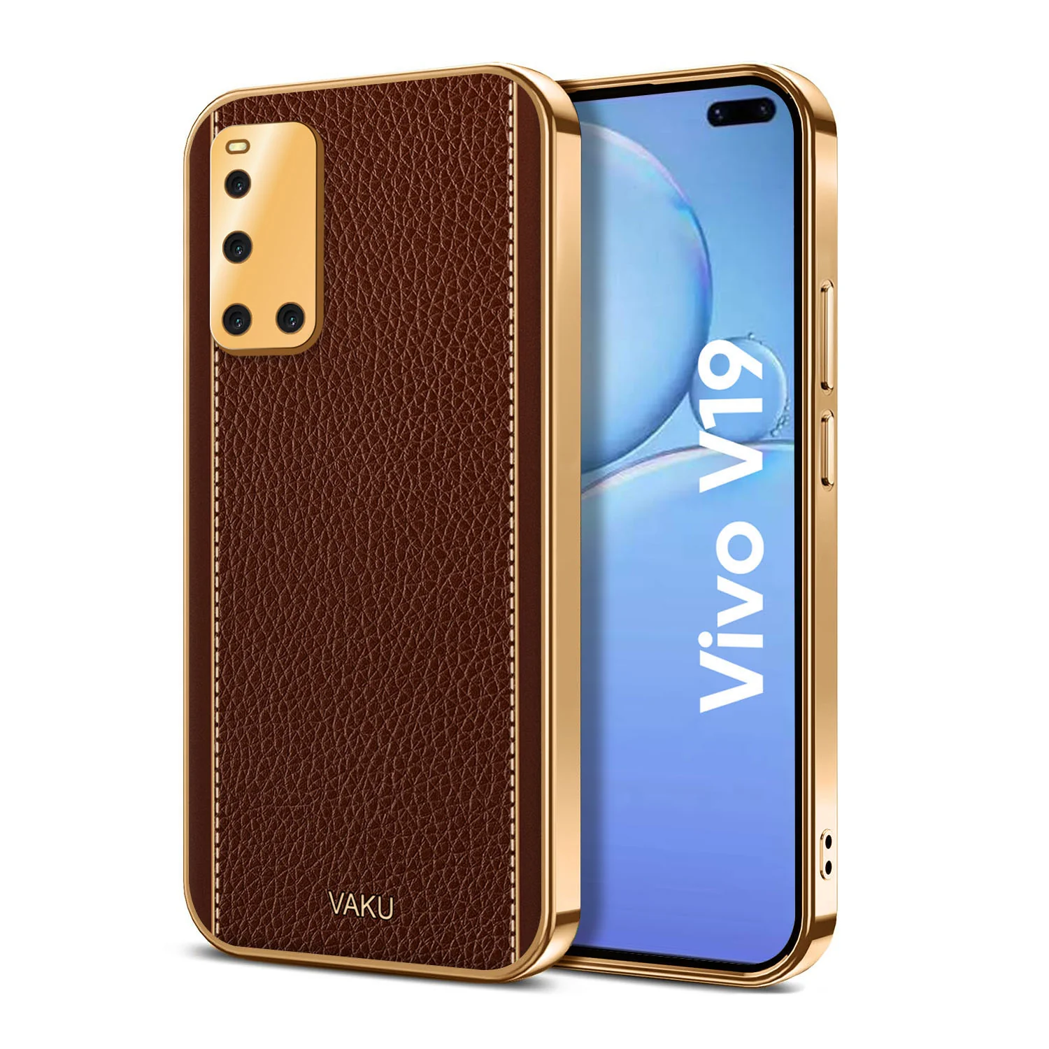 Vaku® Vivo V19 Luxemberg Series Leather Stitched Gold Electroplated Soft TPU Back Cover - Image 7