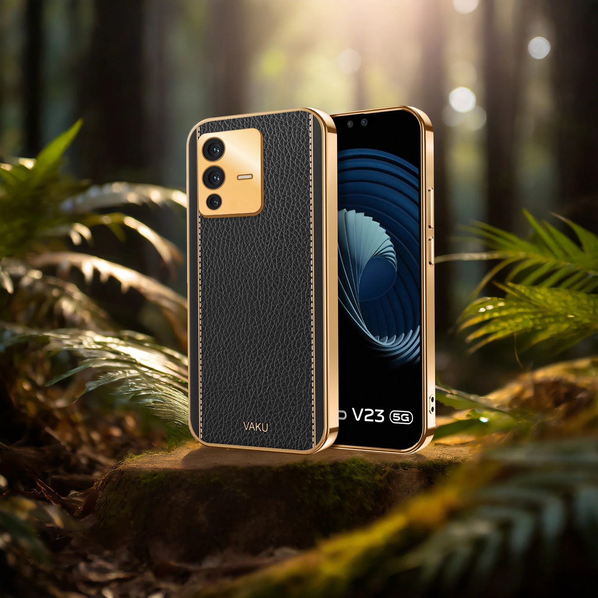 Vaku® Vivo V23 5G Luxemberg Series Leather Stitched Gold Electroplated Soft TPU Back Cover - Image 10