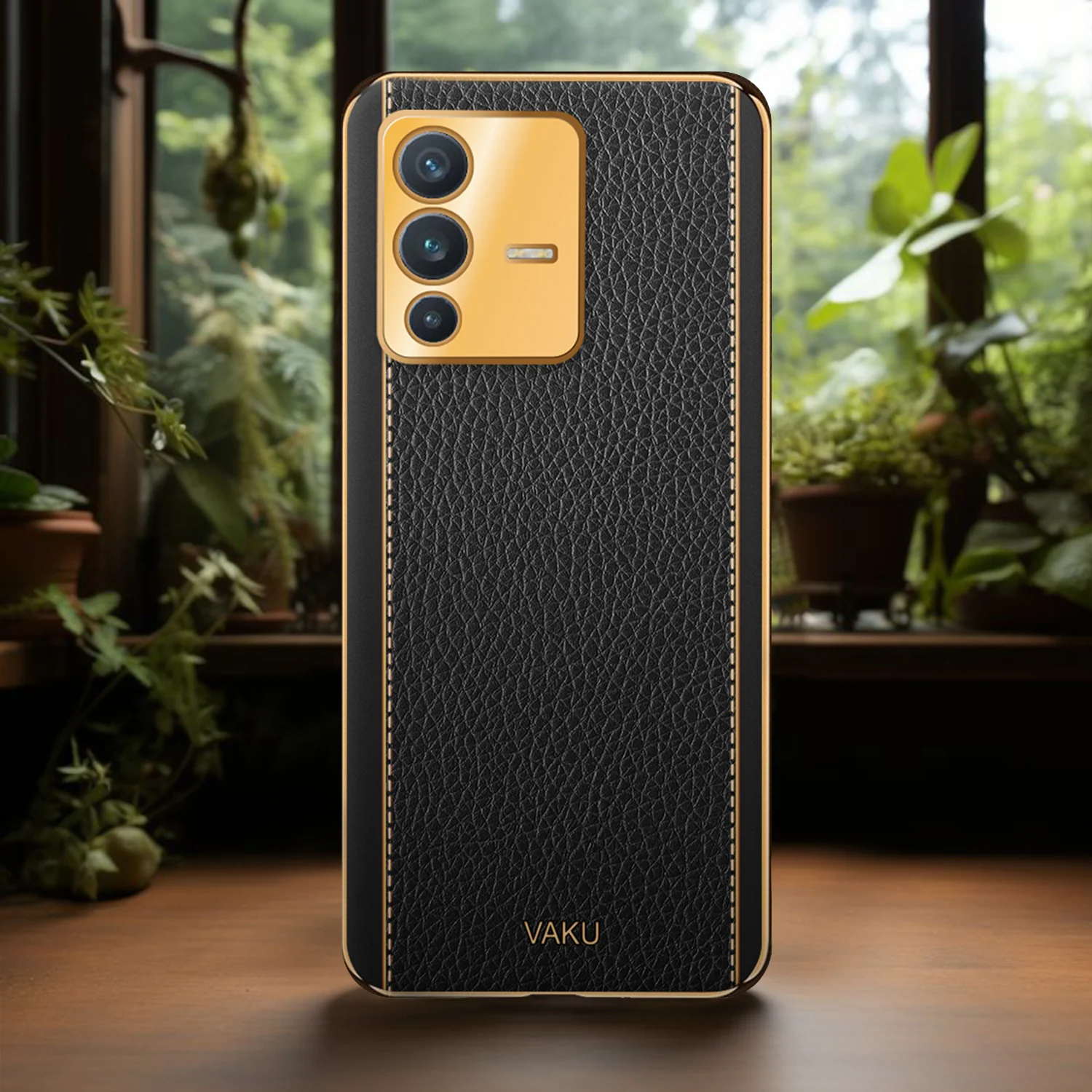 Vaku® Vivo V23 5G Luxemberg Series Leather Stitched Gold Electroplated Soft TPU Back Cover - Image 11