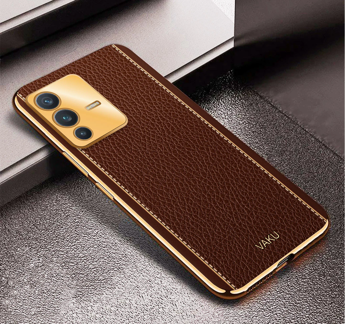 Vaku® Vivo V23 5G Luxemberg Series Leather Stitched Gold Electroplated Soft TPU Back Cover - Image 13