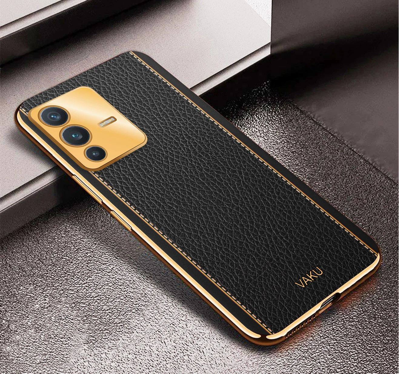 Vaku® Vivo V23 5G Luxemberg Series Leather Stitched Gold Electroplated Soft TPU Back Cover - Image 15