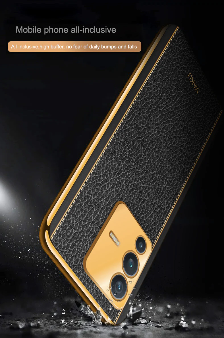 Vaku® Vivo V23 5G Luxemberg Series Leather Stitched Gold Electroplated Soft TPU Back Cover - Image 16