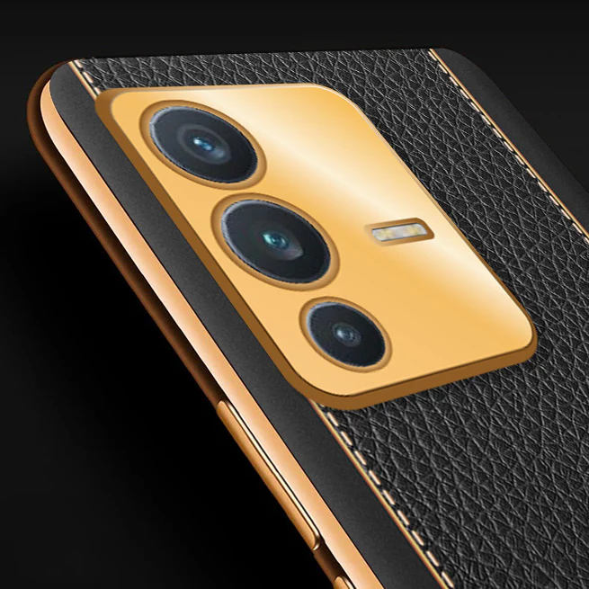 Vaku® Vivo V23 5G Luxemberg Series Leather Stitched Gold Electroplated Soft TPU Back Cover - Image 2