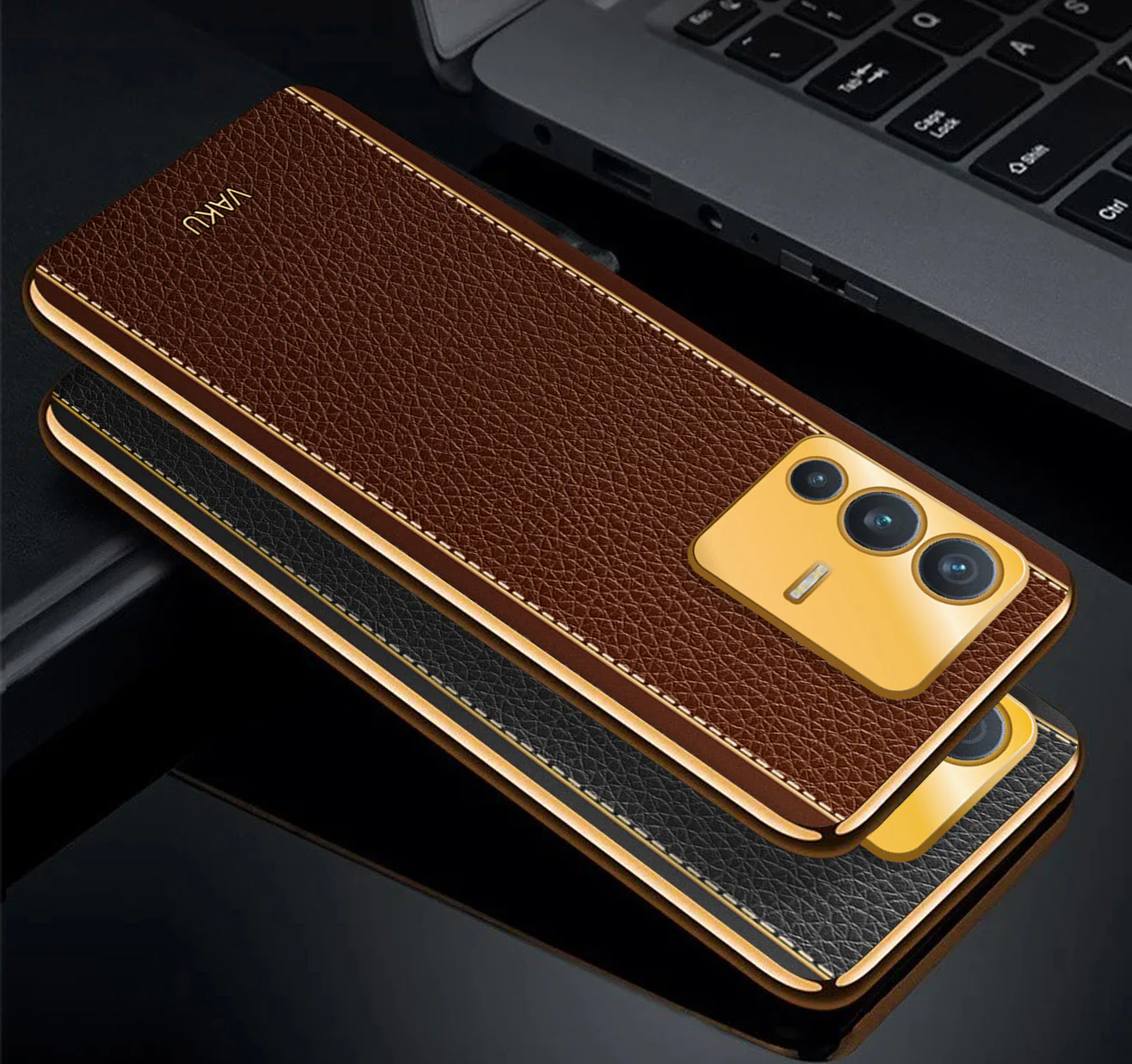 Vaku® Vivo V23 5G Luxemberg Series Leather Stitched Gold Electroplated Soft TPU Back Cover - Image 4