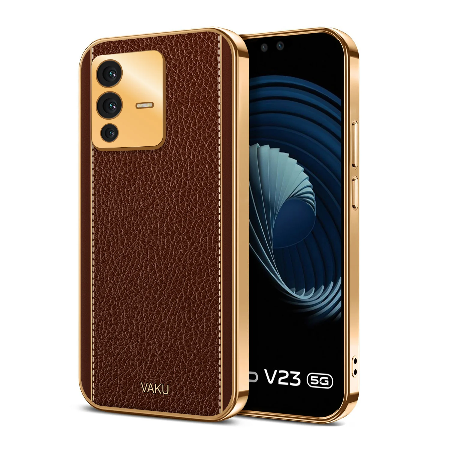 Vaku® Vivo V23 5G Luxemberg Series Leather Stitched Gold Electroplated Soft TPU Back Cover - Image 5