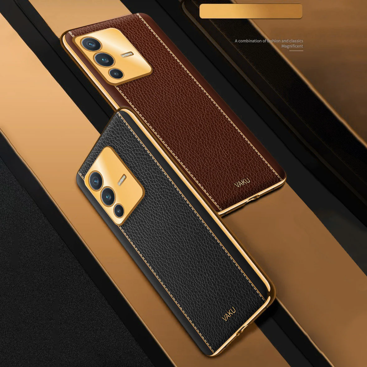 Vaku® Vivo V23 5G Luxemberg Series Leather Stitched Gold Electroplated Soft TPU Back Cover - Image 6