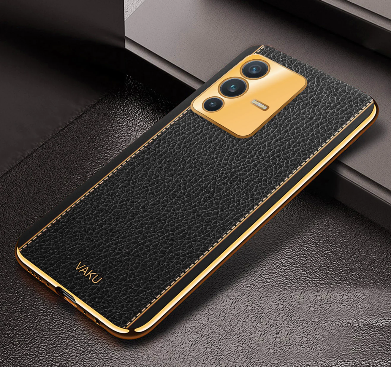 Vaku® Vivo V23 5G Luxemberg Series Leather Stitched Gold Electroplated Soft TPU Back Cover - Image 7