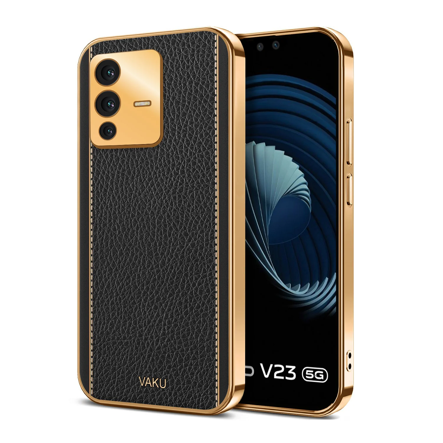 Vaku® Vivo V23 5G Luxemberg Series Leather Stitched Gold Electroplated Soft TPU Back Cover - Image 8