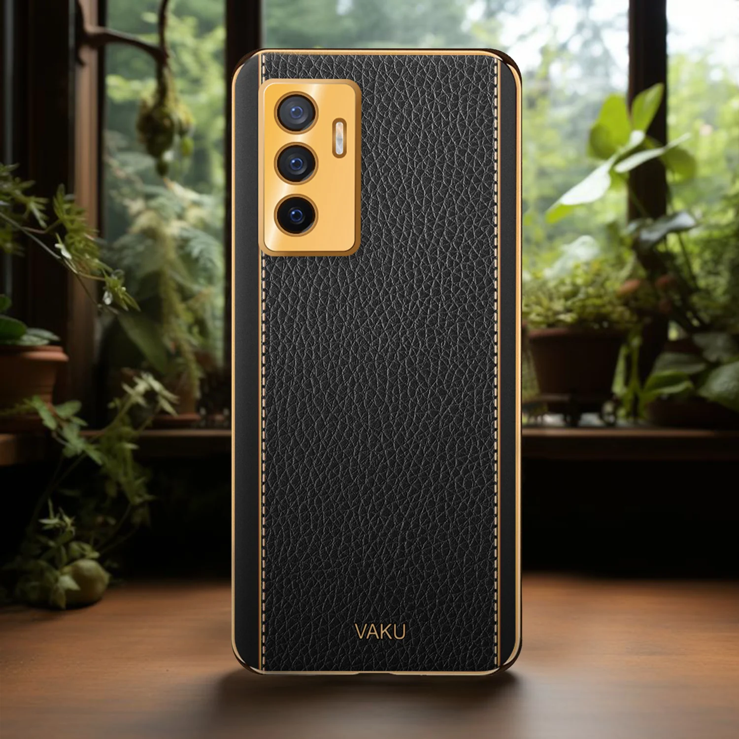Vaku® Vivo V23e 5G Luxemberg Series Leather Stitched Gold Electroplated Soft TPU Back Cover - Image 10