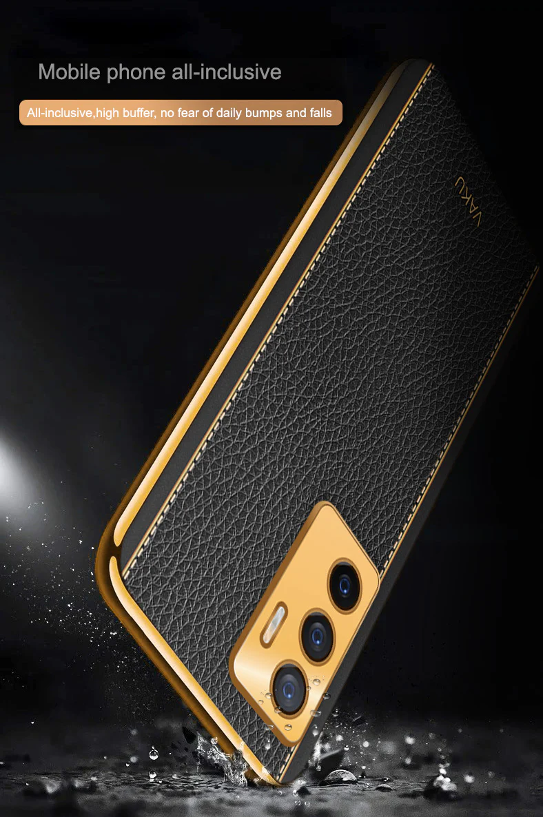 Vaku® Vivo V23e 5G Luxemberg Series Leather Stitched Gold Electroplated Soft TPU Back Cover - Image 16