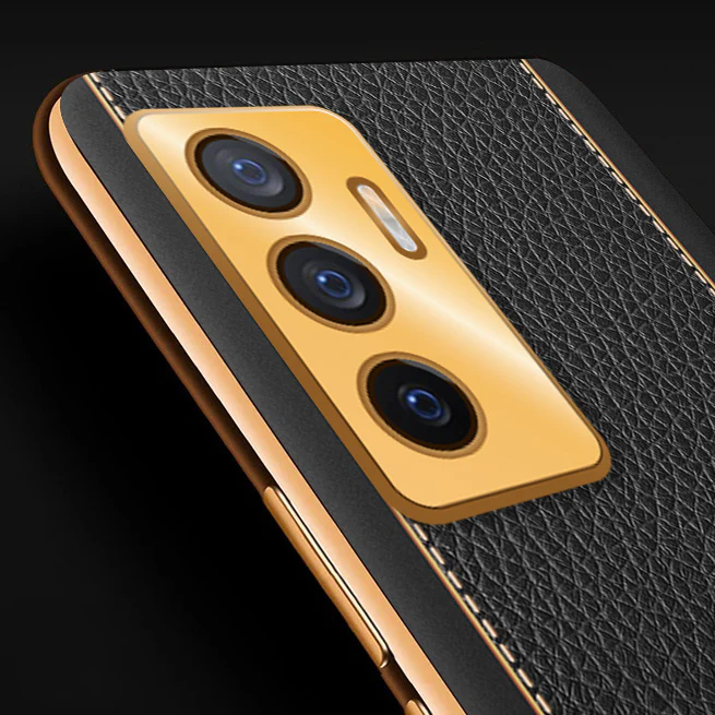 Vaku® Vivo V23e 5G Luxemberg Series Leather Stitched Gold Electroplated Soft TPU Back Cover - Image 2