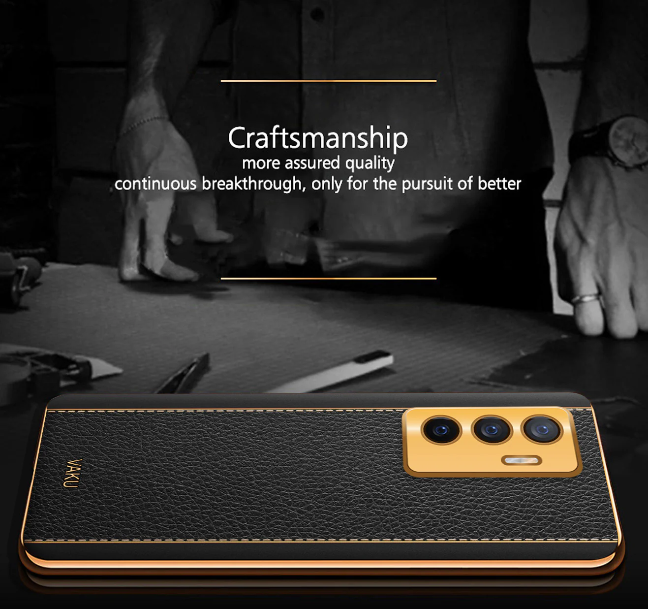 Vaku® Vivo V23e 5G Luxemberg Series Leather Stitched Gold Electroplated Soft TPU Back Cover - Image 3