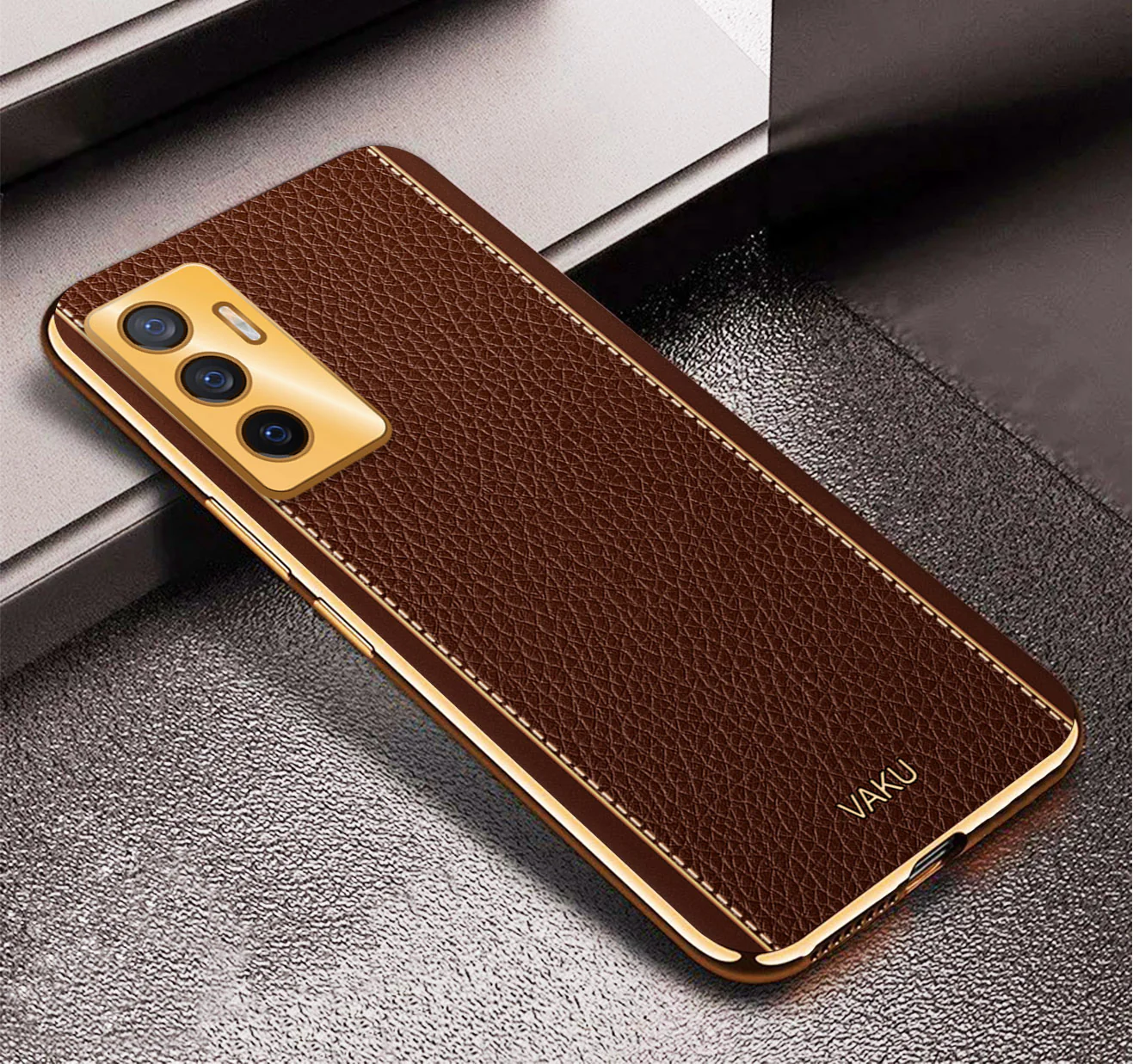 Vaku® Vivo V23e 5G Luxemberg Series Leather Stitched Gold Electroplated Soft TPU Back Cover - Image 4