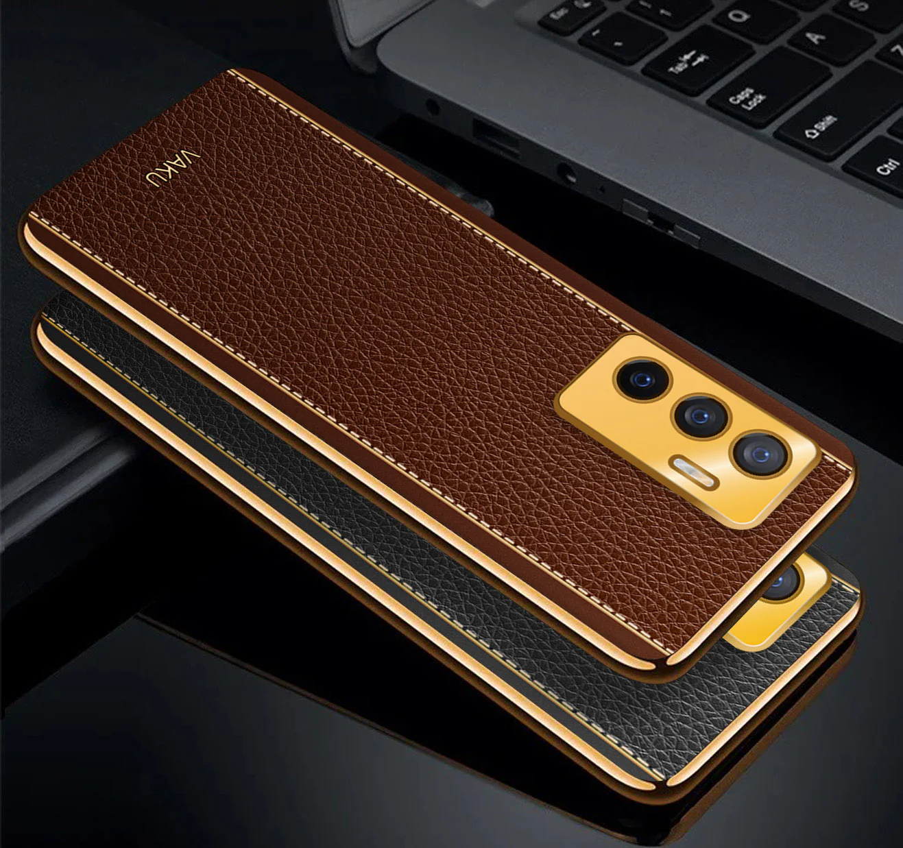 Vaku® Vivo V23e 5G Luxemberg Series Leather Stitched Gold Electroplated Soft TPU Back Cover - Image 5