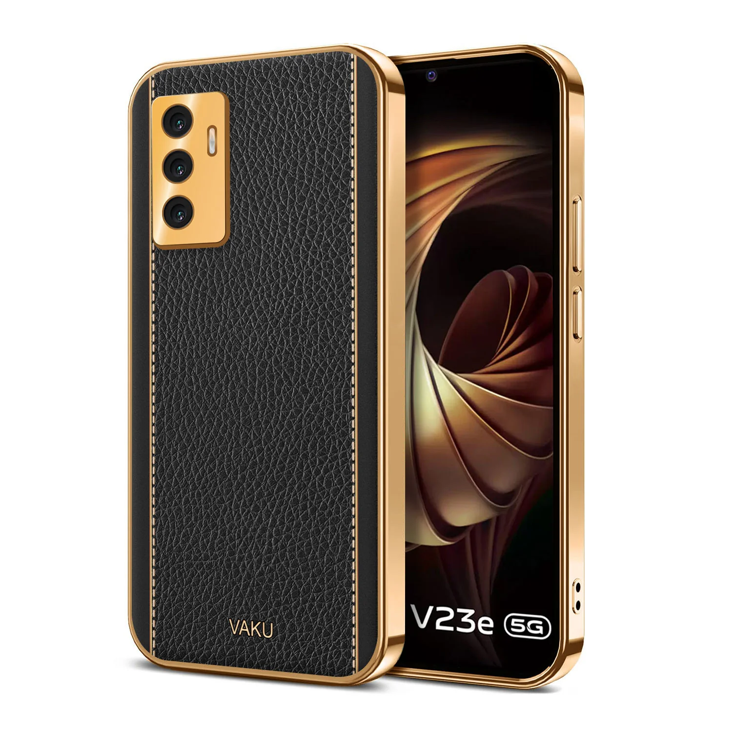 Vaku® Vivo V23e 5G Luxemberg Series Leather Stitched Gold Electroplated Soft TPU Back Cover - Image 6