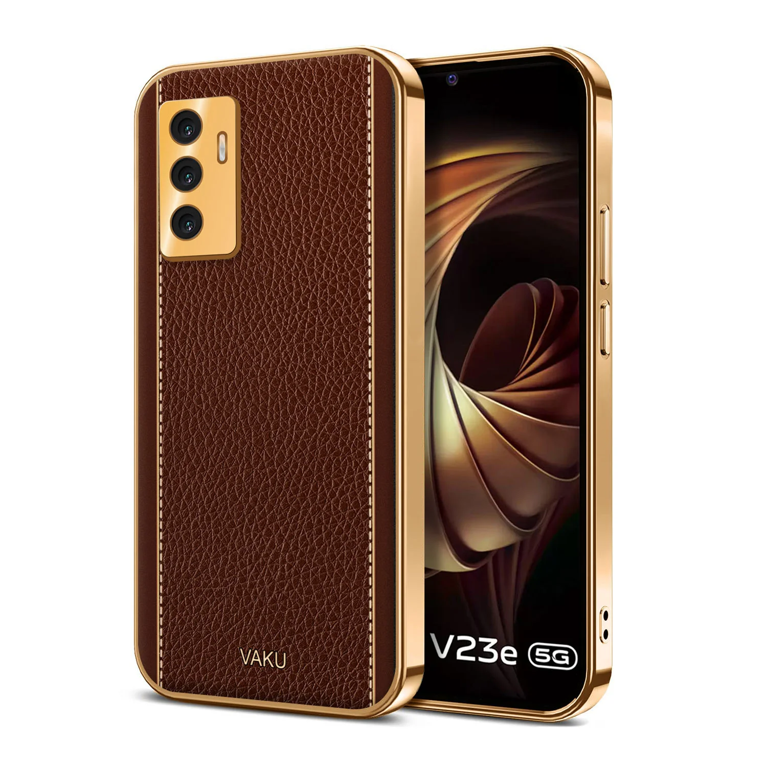 Vaku® Vivo V23e 5G Luxemberg Series Leather Stitched Gold Electroplated Soft TPU Back Cover - Image 7