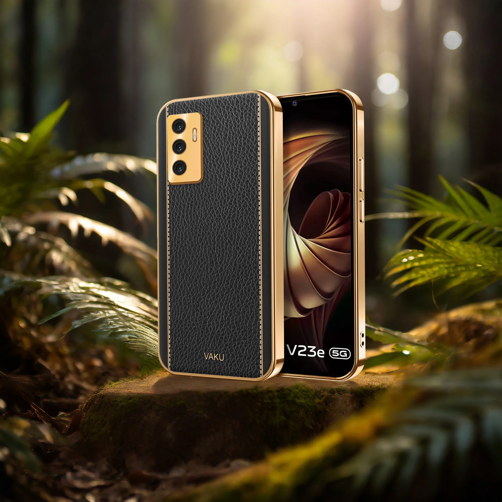 Vaku® Vivo V23e 5G Luxemberg Series Leather Stitched Gold Electroplated Soft TPU Back Cover - Image 8