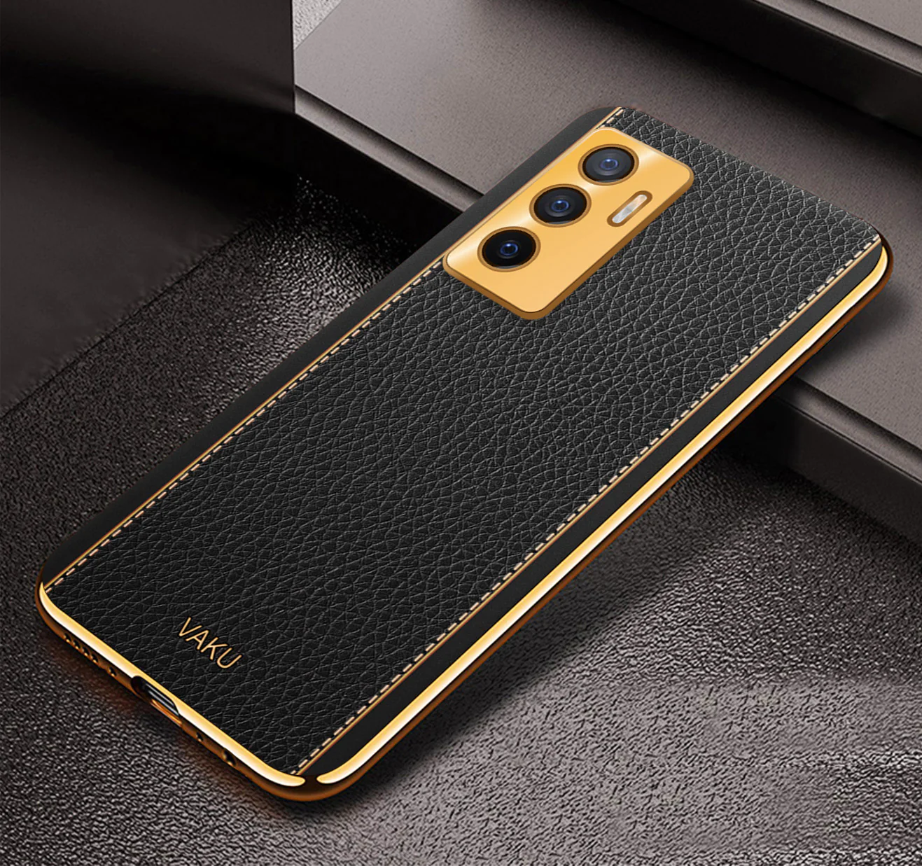 Vaku® Vivo V23e 5G Luxemberg Series Leather Stitched Gold Electroplated Soft TPU Back Cover - Image 9