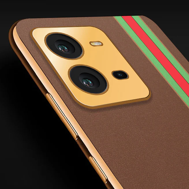 Vaku® Vivo V25 5G Felix Line Leather Stitched Gold Electroplated Soft TPU Back Cover Case - Image 11