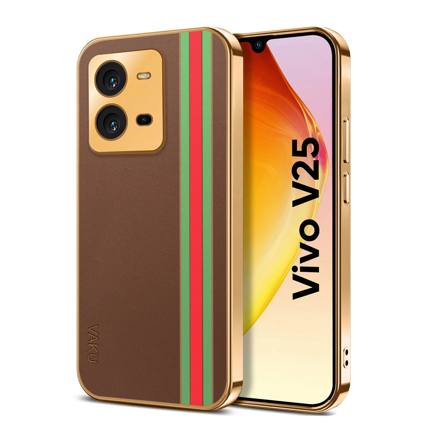 Vaku® Vivo V25 5G Felix Line Leather Stitched Gold Electroplated Soft TPU Back Cover Case - Image 12