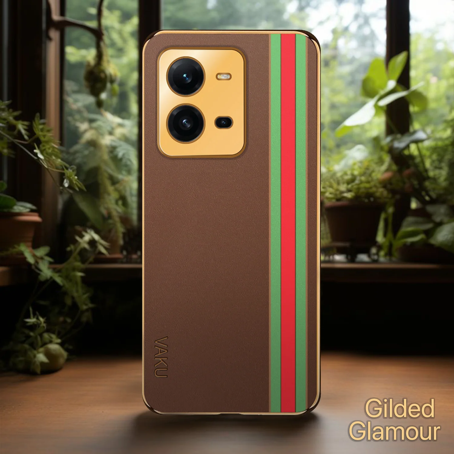 Vaku® Vivo V25 5G Felix Line Leather Stitched Gold Electroplated Soft TPU Back Cover Case - Image 13