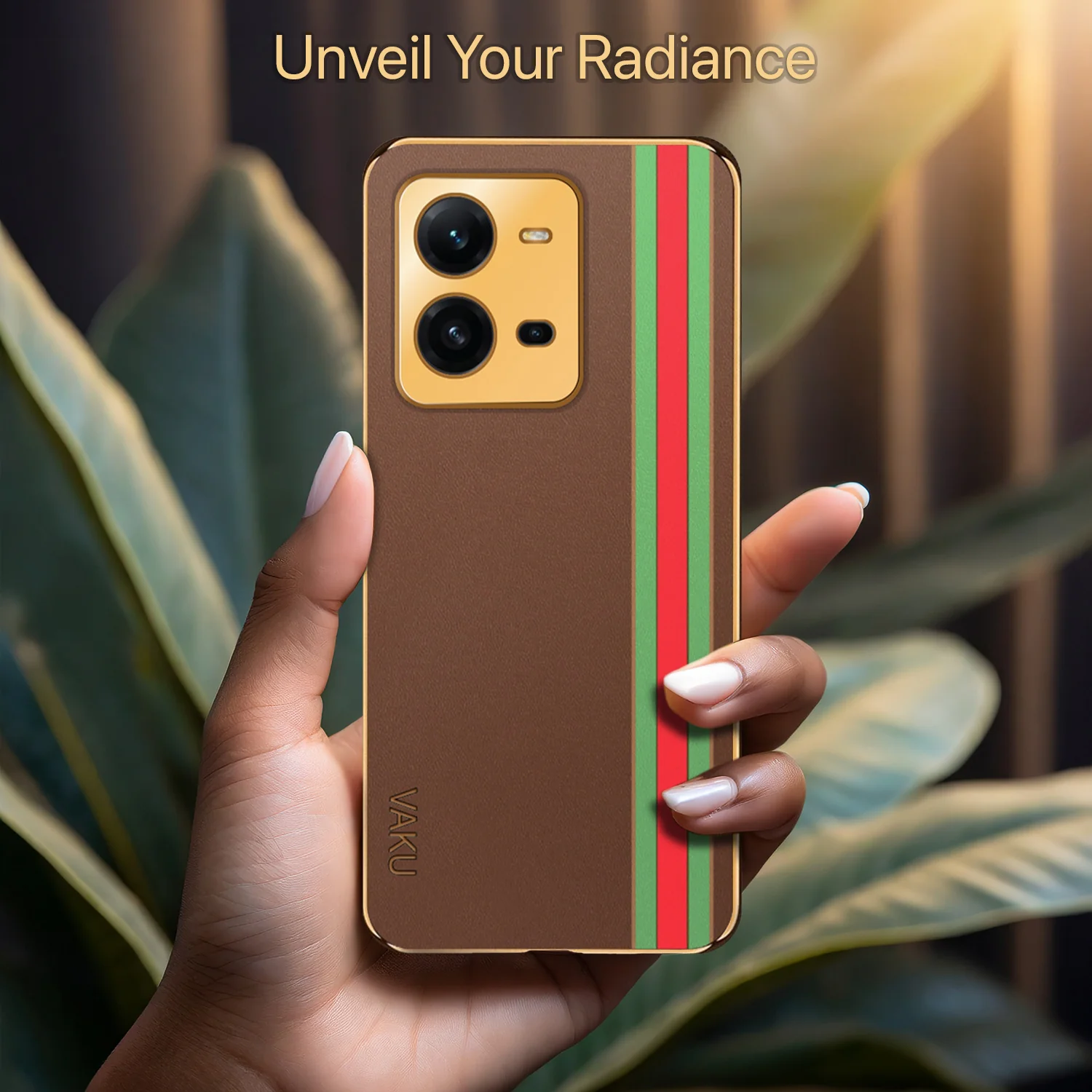 Vaku® Vivo V25 5G Felix Line Leather Stitched Gold Electroplated Soft TPU Back Cover Case - Image 14