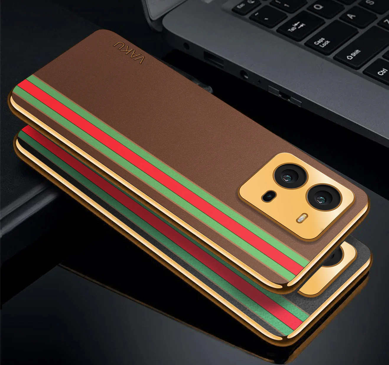 Vaku® Vivo V25 5G Felix Line Leather Stitched Gold Electroplated Soft TPU Back Cover Case - Image 2