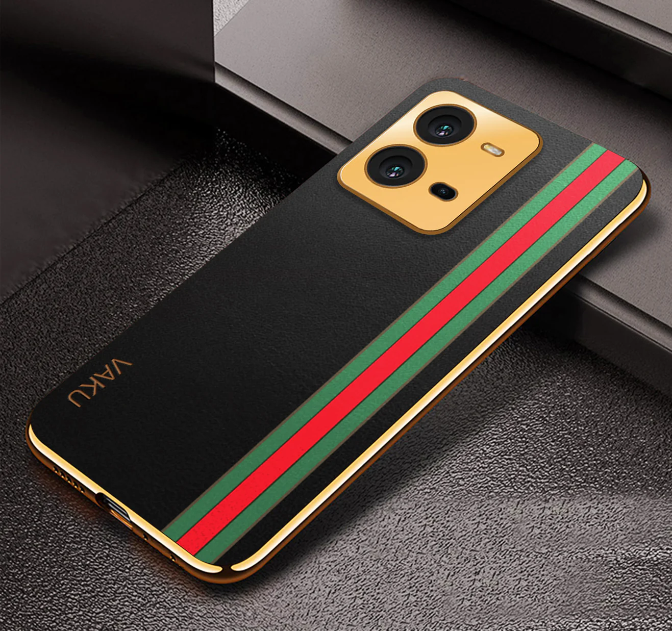 Vaku® Vivo V25 5G Felix Line Leather Stitched Gold Electroplated Soft TPU Back Cover Case - Image 4