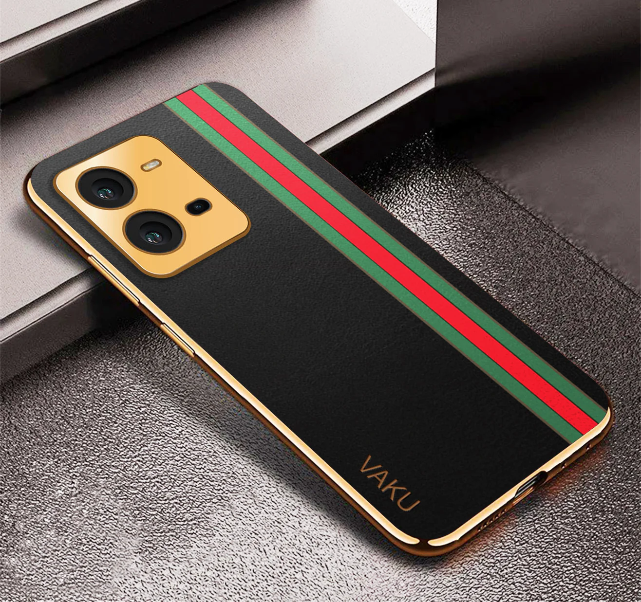 Vaku® Vivo V25 5G Felix Line Leather Stitched Gold Electroplated Soft TPU Back Cover Case - Image 5