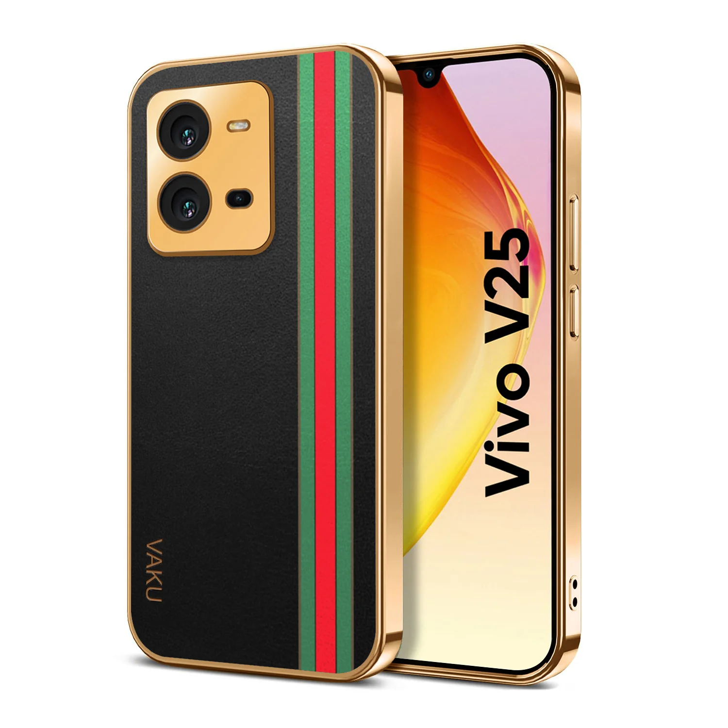 Vaku® Vivo V25 5G Felix Line Leather Stitched Gold Electroplated Soft TPU Back Cover Case - Image 6
