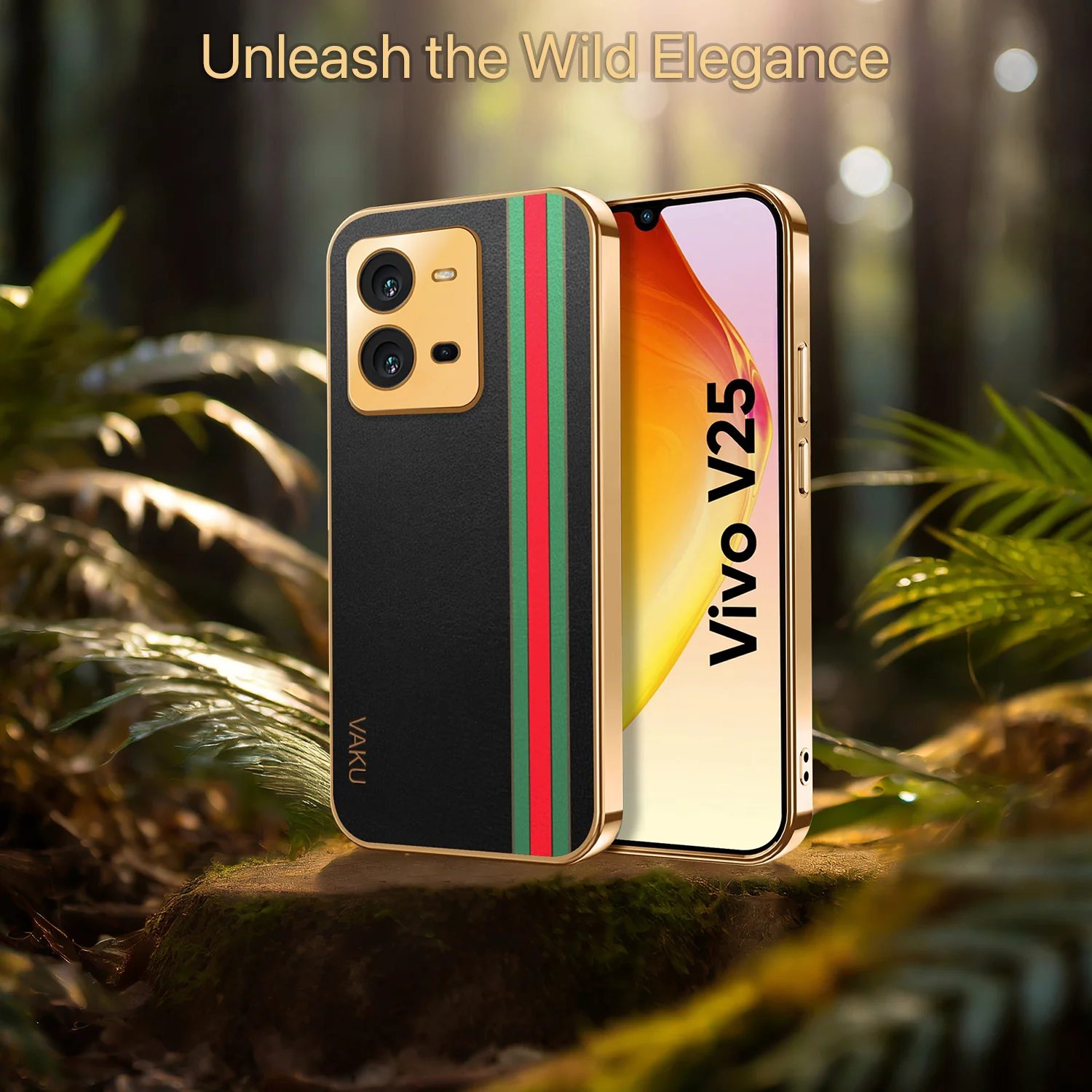 Vaku® Vivo V25 5G Felix Line Leather Stitched Gold Electroplated Soft TPU Back Cover Case - Image 7
