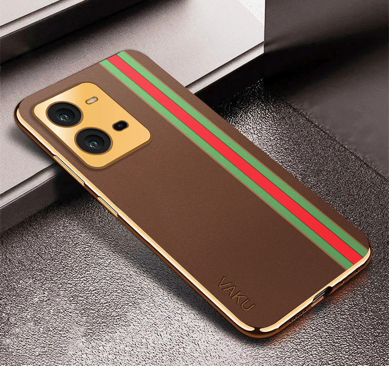 Vaku® Vivo V25 5G Felix Line Leather Stitched Gold Electroplated Soft TPU Back Cover Case - Image 8