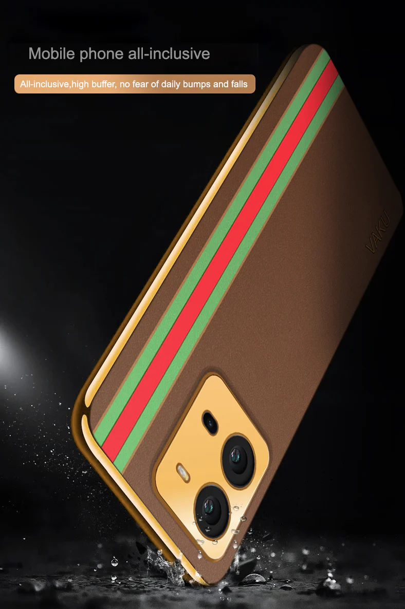 Vaku® Vivo V25 5G Felix Line Leather Stitched Gold Electroplated Soft TPU Back Cover Case - Image 9