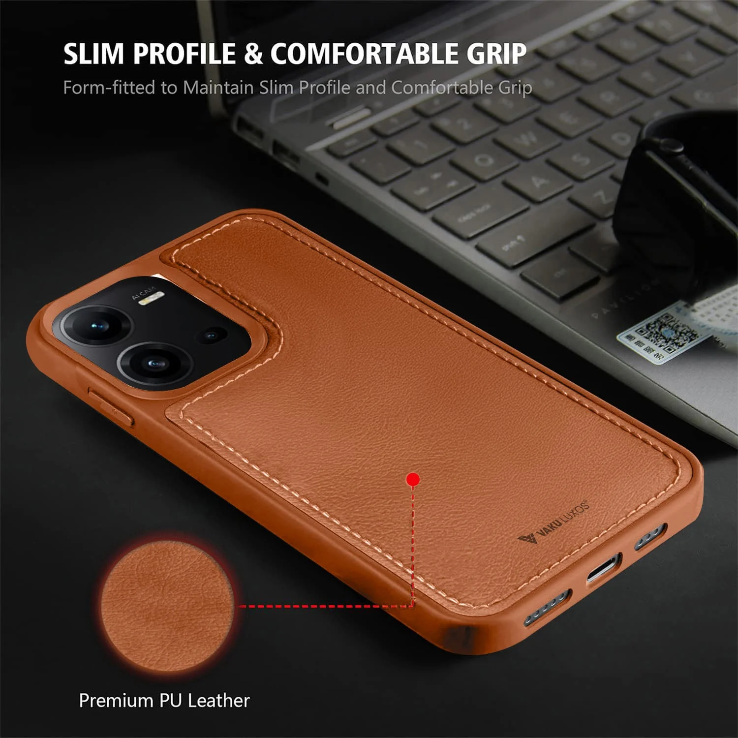 Vaku ® Vivo V25 5G Luxe Premium Leather Stitched Protective Back Cover - Image 3