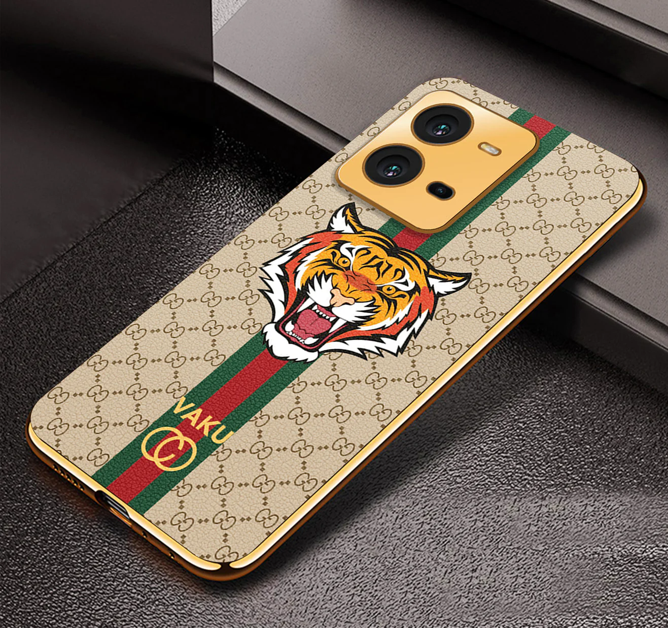 Vaku® Vivo V25 5G Lynx Designer Leather Pattern Gold Electroplated Soft TPU Back Cover Case