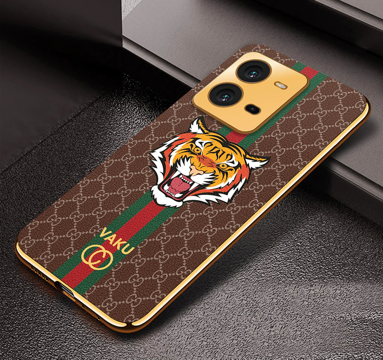 Vaku® Vivo V25 5G Lynx Designer Leather Pattern Gold Electroplated Soft TPU Back Cover Case - Image 11