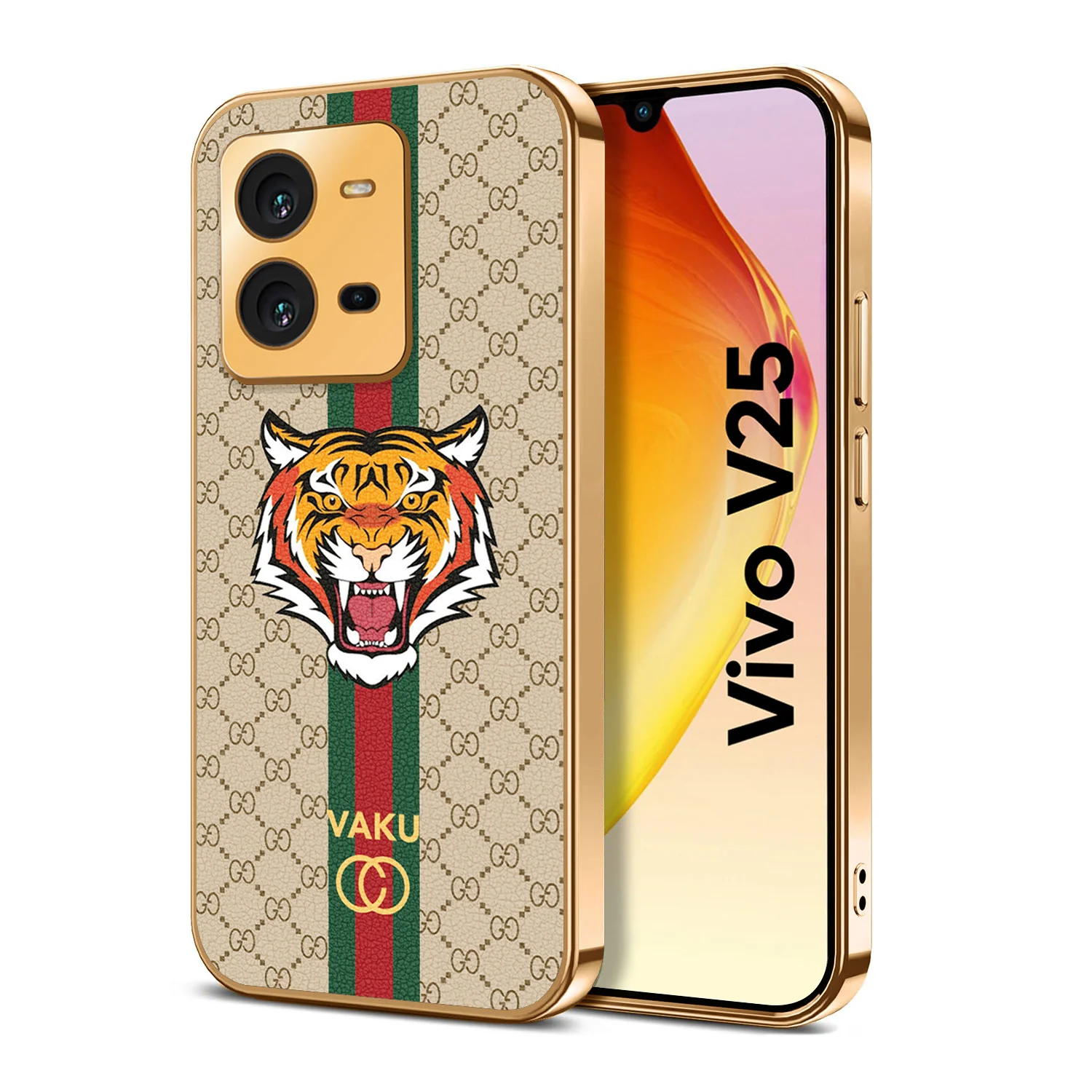 Vaku® Vivo V25 5G Lynx Designer Leather Pattern Gold Electroplated Soft TPU Back Cover Case - Image 18