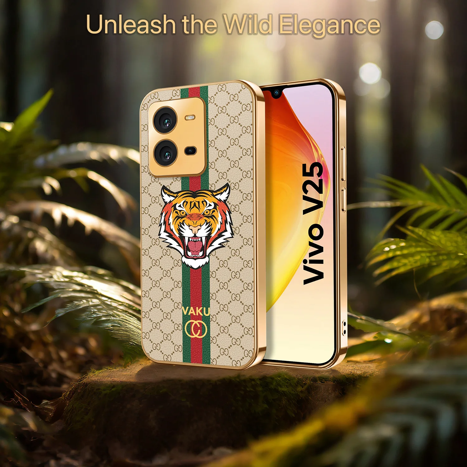 Vaku® Vivo V25 5G Lynx Designer Leather Pattern Gold Electroplated Soft TPU Back Cover Case - Image 19
