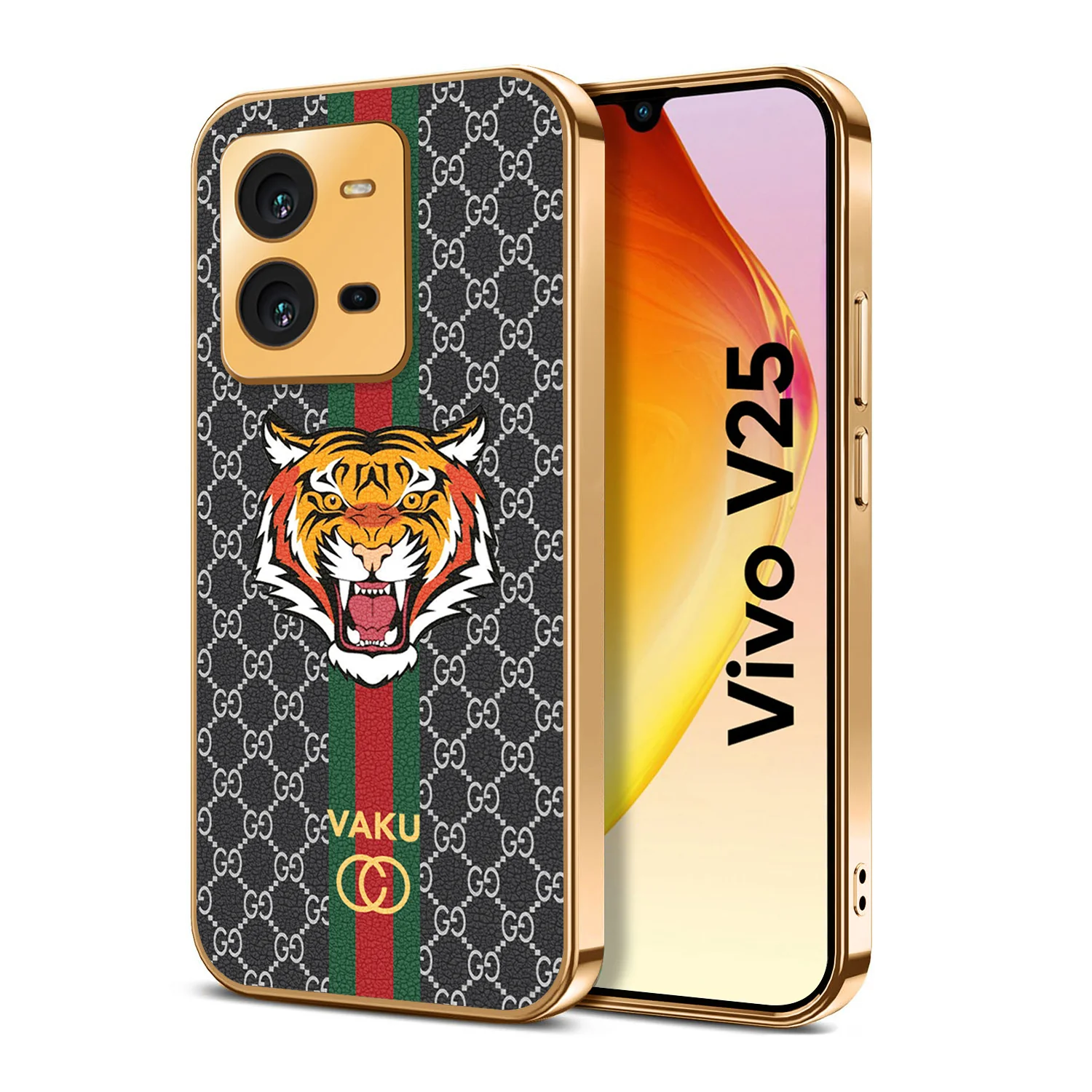 Vaku® Vivo V25 5G Lynx Designer Leather Pattern Gold Electroplated Soft TPU Back Cover Case - Image 3