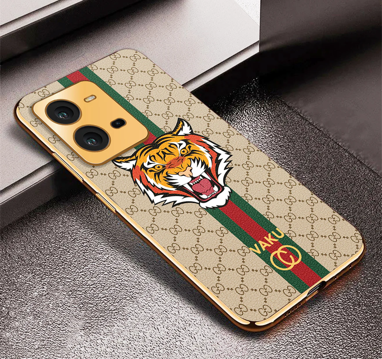 Vaku® Vivo V25 5G Lynx Designer Leather Pattern Gold Electroplated Soft TPU Back Cover Case - Image 4